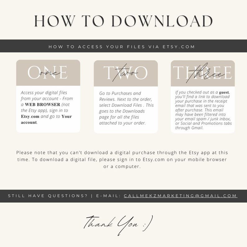 Puede incluir: Un gr&aacute;fico beige y blanco con instrucciones sobre c&oacute;mo descargar archivos de Etsy. El texto incluye pasos para acceder a archivos digitales a trav&eacute;s de un navegador web, compras y pago como invitado. La imagen tambi&eacute;n incluye el texto "Thank You :)".