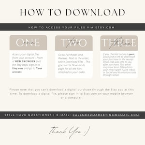 Puede incluir: Una infograf&iacute;a beige y blanca titulada "HOW TO DOWNLOAD" proporciona instrucciones sobre c&oacute;mo acceder a archivos digitales desde Etsy.com. Los pasos est&aacute;n numerados e incluyen iniciar sesi&oacute;n a trav&eacute;s de un navegador web, ir a Compras y Rese&ntilde;as y verificar el correo electr&oacute;nico de recibo.