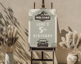 Letrero de bienvenida de cumpleaños de dinosaurio, letrero de fiesta de aventuras de dinosaurios, decoración de cumpleaños infantil personalizada de T-Rex, plantilla de póster de Canva editable, descarga digital