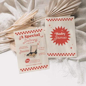 Specjalna dostawa zaproszenia na baby shower, zaproszenie w stylu retro pizza, Checker Baby Sprinkle, edytowalny szablon Canva do wydrukowania w wersji cyfrowej