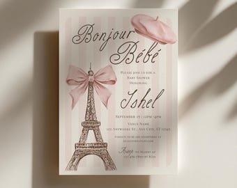 Bonjour Bébé Baby Shower Invitation Template, Paris French Baby Shower Invite, Coquette Bow Theme, Editable Canva Template, Digital Download