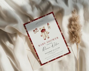 Könnte beinhalten: Babyparty-Einladung mit einem rot-weiß karierten Rand. Die Einladung zeigt Illustrationen von Babyartikeln und den Text "Baby Shower honoring Rosaria Wilson". Die Einladung befindet sich auf weißem Hintergrund.
