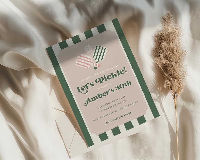 A fun and modern pickleball-themed invitation featuring playful paddle and ball illustrations with a green and beige color scheme. Perfect for birthdays, milestone celebrations, or casual gatherings.