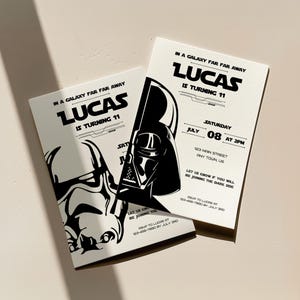 Inviti di compleanno "Space Villains", invito per festa "Dark Side Trooper", invito per ragazzi a tema galassia, download di fantascienza, modello Canva modificabile