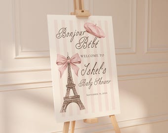 Bonjour Bébé Baby Shower Welcome Sign Template, Paris French Baby Shower Decor, Coquette Bow, Editable Canva Template, Digital Download