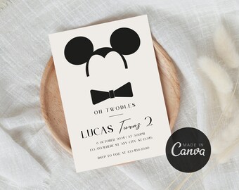 Oh Twodles Mickey Mouse Birthday Invitation | Minimalist Mickey Birthday Party Template | Retro Editable Canva Design | Instant Download