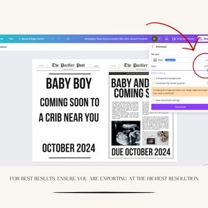 Screenshot of the Canva design application interface highlighting the export settings for a 'Baby Boy Coming Soon' newspaper announcement, indicating the option for high-resolution PNG download.