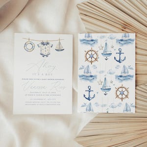 May include: Two nautical-themed baby shower invitations. One features the text "Ahoy It's a Boy" with a watercolor design of a life preserver, onesie, and sailboat. The other has a pattern of anchors, sailboats, and ship wheels.