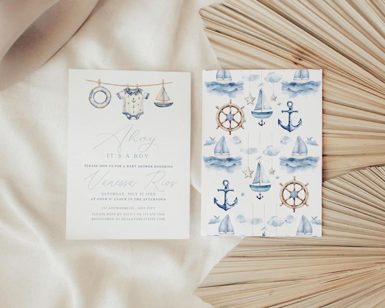 May include: Two nautical-themed baby shower invitations. One features the text "Ahoy It's a Boy" with a watercolor design of a life preserver, onesie, and sailboat. The other has a pattern of anchors, sailboats, and ship wheels.