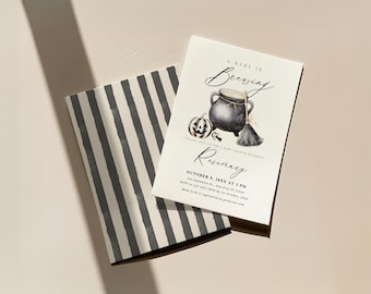 A Baby Is Brewing Invitation Template, Cauldron Halloween Baby Shower, Canva