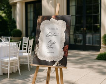 Dark Vintage Floral Bridal Shower Welcome Sign Template, Moody Gothic Romantic Lace Frame Decor, Baroque Canva Template, Digital Download