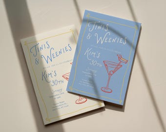 Tinis and Weenies Birthday Invitation, Martini Wiener Dog Party Invite, Dirty Thirty Cocktail, Editable Canva Template, Digital Download