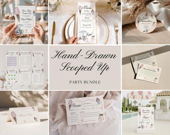 She's Been Scooped Up Bridal Shower Bundle, Hand-Drawn Ice Cream Invite, Signs, Games, Cards, Tags Editable Canva Template, Digital Download
