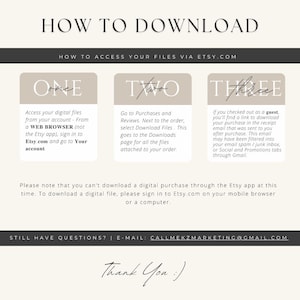 Puede incluir: Un gr&aacute;fico beige y blanco con el texto "HOW TO DOWNLOAD" en negro. El gr&aacute;fico proporciona instrucciones sobre c&oacute;mo descargar archivos digitales comprados en Etsy.com. Las instrucciones se dividen en tres secciones: "ONE", "TWO" y "THREE".