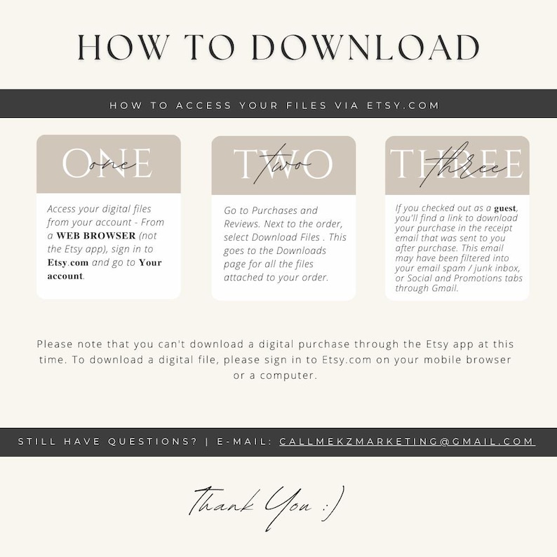 Puede incluir: Un gr&aacute;fico beige y blanco con el texto "HOW TO DOWNLOAD" en negro. El gr&aacute;fico proporciona instrucciones sobre c&oacute;mo descargar archivos digitales comprados en Etsy.com. Las instrucciones se dividen en tres secciones: "ONE", "TWO" y "THREE".