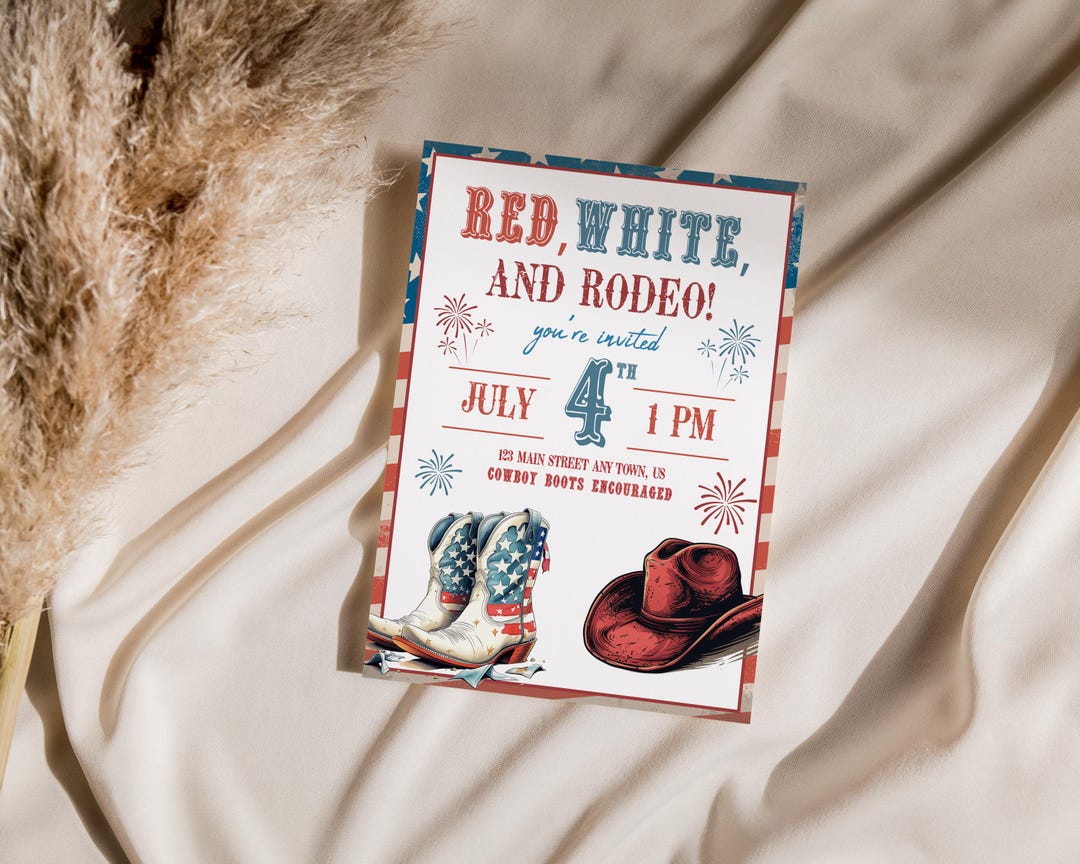 Red White & Rodeo 4th of July Invitation, Patriotic Cowboy Party Invite ...