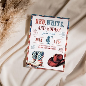 Rot, Weiß & Rodeo 4. Juli Einladung, Vaterländische Cowboy-Party einladen, westlicher 4. Juli, digitaler Download, bearbeitbare Canva Vorlage