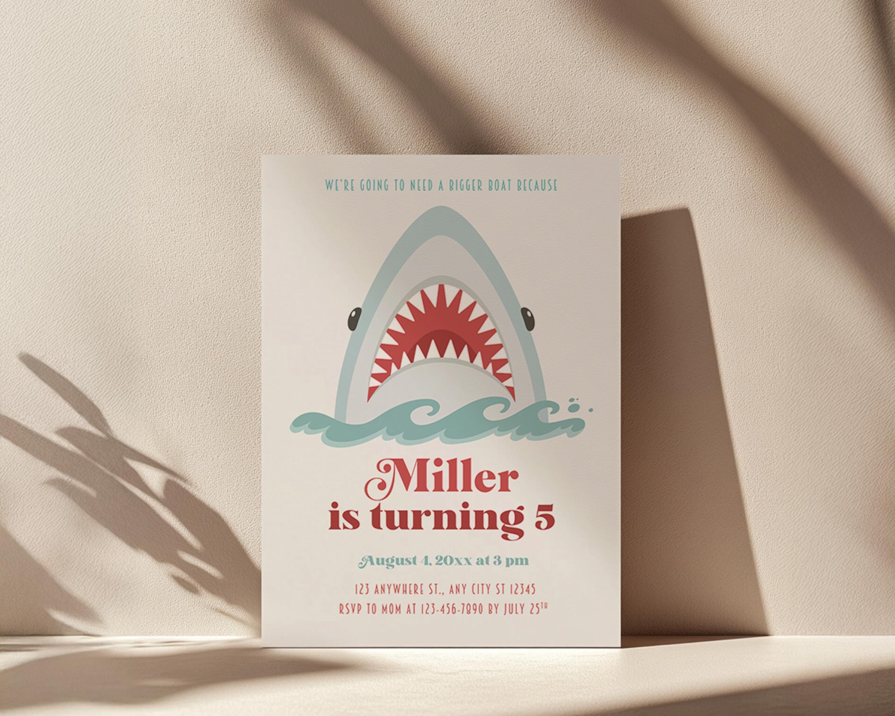 Shark Birthday Invitation, Jawsome Pool Party, Sharktastic Invite, Ocean Shark Party Design, Editable Canva Template, Digital Download