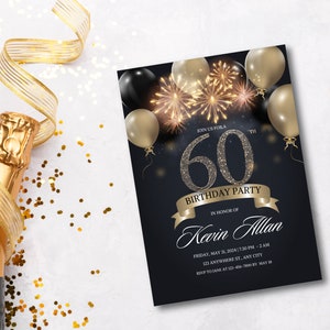 Elegante invito alla festa del 60° compleanno / Celebrazione del decennio di scintillii e fuochi d'artificio / Modello Canva personalizzabile / Digitale e stampabile
