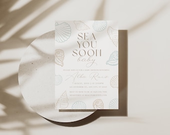 Sea You Soon Baby Shower Invitation, Beach Baby Shower, Coastal Ocean Baby Invite, Gender Neutral, Editable Canva Template, Digital Download