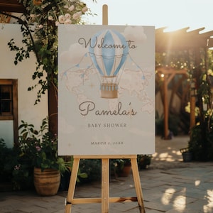 Welkomstbord babyshower heteluchtballon, avontuur wacht op reizen, vintage kaart decor babyshower, The Places You'll Go-bord canvassjabloon