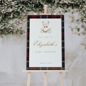 Classic Plaid Bear Baby Shower Welcome Sign, Vintage Teddy Plaid Sign, Elegant Baby Shower Decor, 24x36 & 36x48, Editable Canva Template