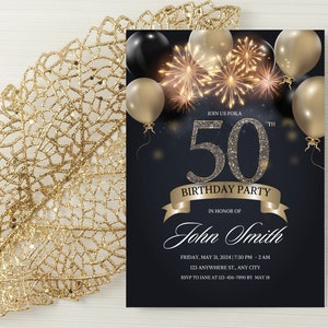 Elegante invito alla festa di compleanno del 50° compleanno in oro e nero/celebrazione del decennio con scintillii e fuochi d'artificio/modello Canva personalizzabile