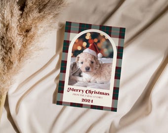 Plaid Christmas Card Template, Modern Photo Holiday Card, Merry Christmas Card, Arch Photo Card, Editable Canva Template, Digital Download