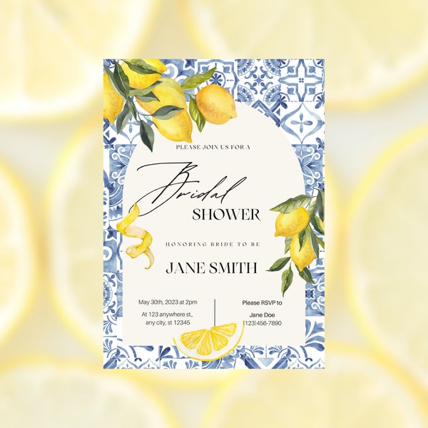 Blue Tile Bridal Shower Invitation for Bride to Be, Lemon Capri Style Bridal Shower Invite,  Canva Design Template, Editable Invitation