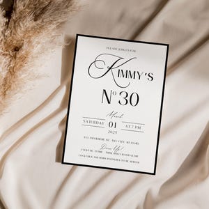 Puede incluir: Una tarjeta de invitaci&oacute;n en blanco y negro con el texto "PLEASE JOIN US FOR KIMMY'S N&deg;30" y detalles para una fiesta el s&aacute;bado 1 de marzo de 2025 a las 7 PM. La direcci&oacute;n es 123 ANYWHERE ST ANY CITY ST 12345. El c&oacute;digo de vestimenta es "Dress Up" y la invitaci&oacute;n indica "Cocktails and hors d'oeuvres to be served."