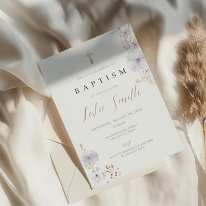 Blumen-Taufeinladung, elegante Aquarell-Taufeinladung für Baby-Mädchen, minimale Taufe bearbeitbare Canva-Vorlage, digitaler Download