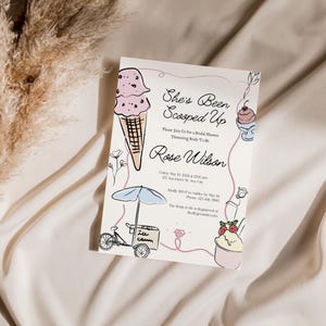 She's Been Scooped Up Bridal Shower Invitation, Ręcznie rysowane zaproszenie na wieczór panieński z lodami, Personalizowana kwiatowa karta Canva Bridal Shower