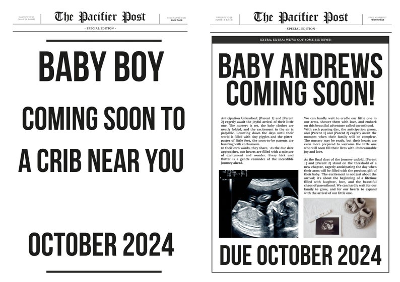 Puede incluir: Un anuncio de peri&oacute;dico en blanco y negro con el titular "Baby Boy Coming Soon to a Crib Near You" y la fecha "October 2024".
