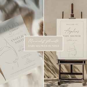 Paquete de baby shower con silueta minimalista, invitación para mamá con barriguita neutra y letrero de bienvenida, plantillas de Canva editables, descarga digital