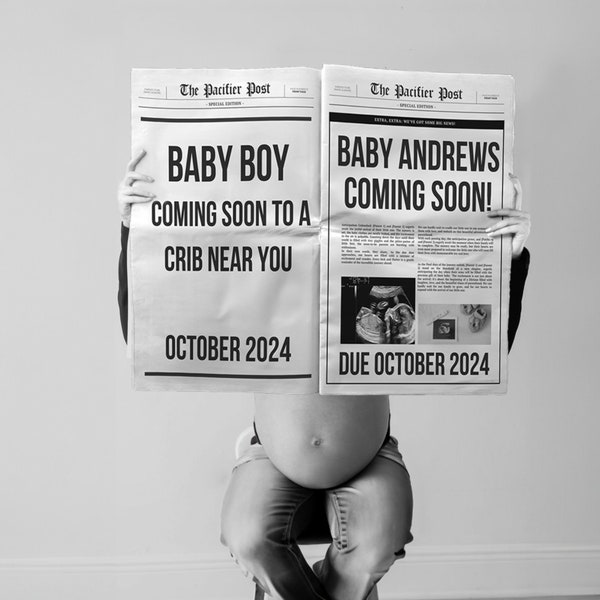 Große Schwangerschaft enthüllen Zeitungsvorlage, anpassbare Canva Babymitteilung, Zeitung Babyparty, digital bearbeitbarer Download