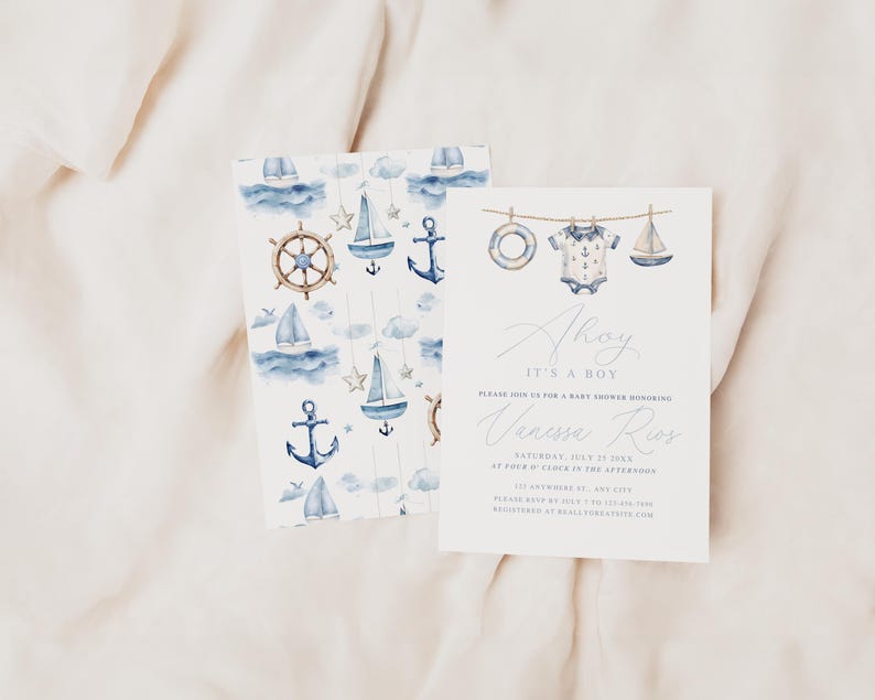 May include: Nautical-themed baby shower invitations with watercolor illustrations of sailboats, anchors, and a ship's wheel. The invitation reads "Ahoy, It's a Boy" and includes event details. The design features a matching patterned card.