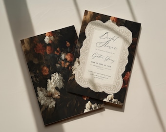 Dark Vintage Floral Bridal Shower Invitation Template, Moody Gothic Romantic Lace Frame Invite, Editable Canva Template, Digital Download