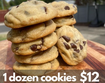 One Dozen Classic Chocolate Chip Cookies Fresh Soft Homemade Cookies in Certified Kitchen Great as Gift For College Kids or Birthday Parties