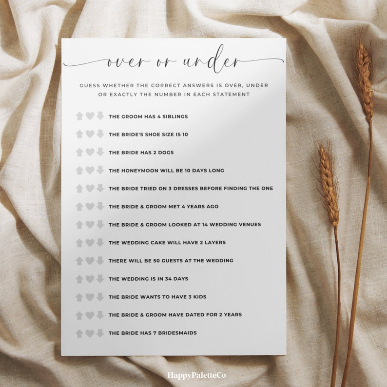 Over or Under Bridal Shower Game Printable Game Minimalist Bridal ...