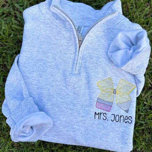 Personalized Teacher Quarter Zip – Pencil Bow, Back to School Pullover