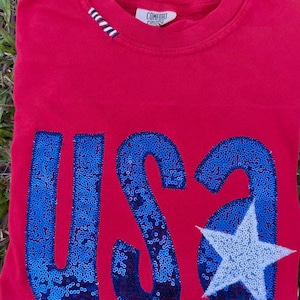 May include: Red t-shirt with the word "USA" in blue sequins. The "A" is a star with white sequins.