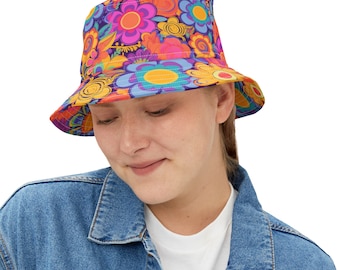 Funky Floral Bucket Hat: 100% Polyester, Made in USA