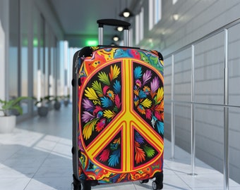 Valigia con ruote a forma di simbolo della pace: design floreale colorato, valigia rigida
