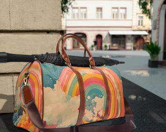 May include: A colorful duffel bag with a rainbow design, featuring a brown shoulder strap and handles. The bag has a vibrant rainbow pattern with clouds and a blue sky background. An umbrella rests on top of the bag.