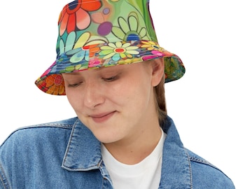 Funky Floral Bucket Hat: 100% Polyester, Two Sizes