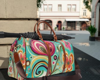 Waterproof Nylon Carry-On Travel Bag: Floral Print, Leather Accents