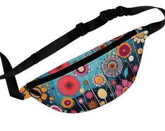May include: A fanny pack featuring a vibrant floral pattern with red, orange, yellow, and pink circular flowers on a blue and dark background. The bag includes a black zipper closure and an adjustable black nylon strap with a plastic buckle.