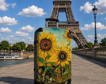 May include: A rolling suitcase featuring a vibrant sunflower print with yellow petals and dark centers against a teal and gold background. The luggage has a black frame, a retractable handle, and four wheels, standing upright on a stone walkway.