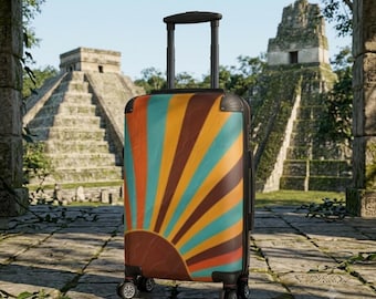 Rolling Carry-On Suitcase: Retro Sunburst Design, Hardshell Luggage