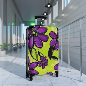 Luggage | Purple Flowers Suitcase | Floral Carry-On Luggage | Travel Bag with Bright Bold Design | Vacation Suitcase |Weekend Trip Essential